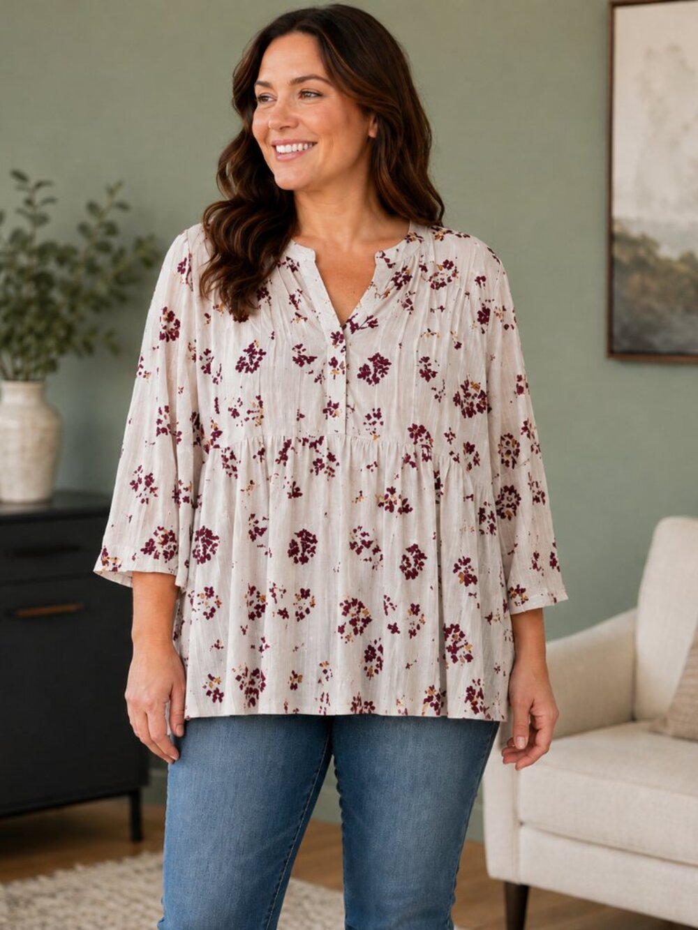Wonderly Women’s L NWT Floral High Low Peasant Blouse 3/4 Sleeve Boho Tunic Top